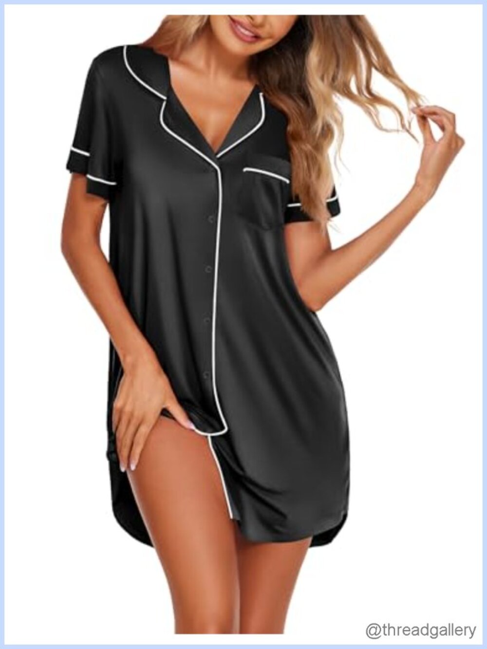 Satin Nightgown Short Sleeve Button Down Sleepshirt
